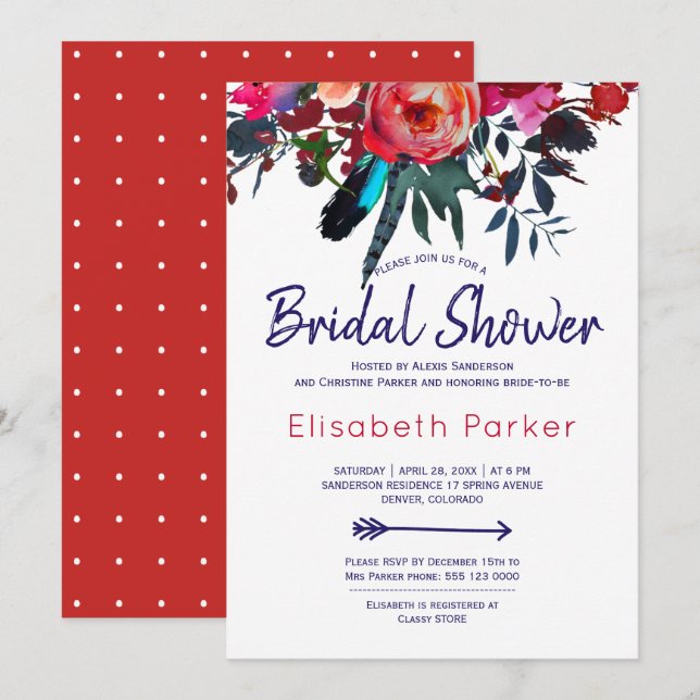 Boho red navy blue floral bouquet bridal shower invitation (Front/Back)