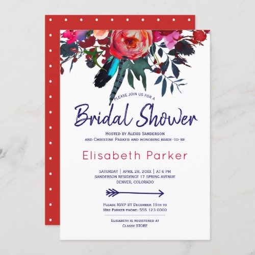 Boho red navy blue floral bouquet bridal shower invitation