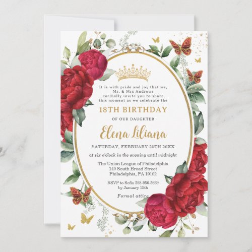 Boho Red Peonies Floral Butterflies 18th Birthday  Invitation
