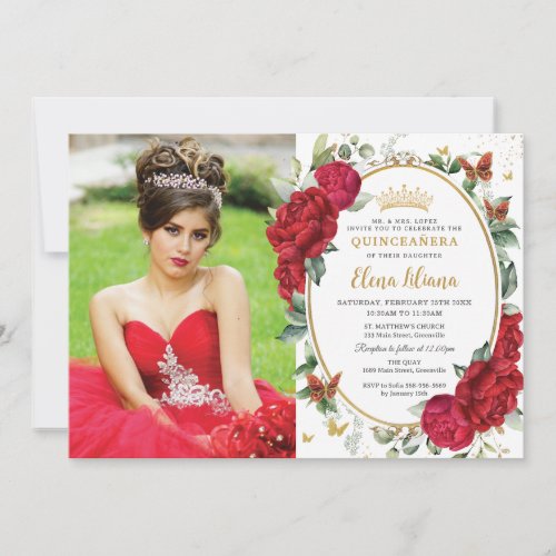 Boho Red Peonies Floral Butterflies Quinceaera  Invitation