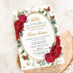 Boho Red Peonies Floral Butterflies Quinceañera  Invitation<br><div class="desc">Personalize this boho chic red floral Quinceañera / Sweet 16 birthday invitation easily and quickly. Simply click the customize it further button to edit the texts, change fonts and fonts colors. Featuring exquisite watercolor red peony flowers, butterflies and a gold trimmed oval space to put all your important celebration details....</div>