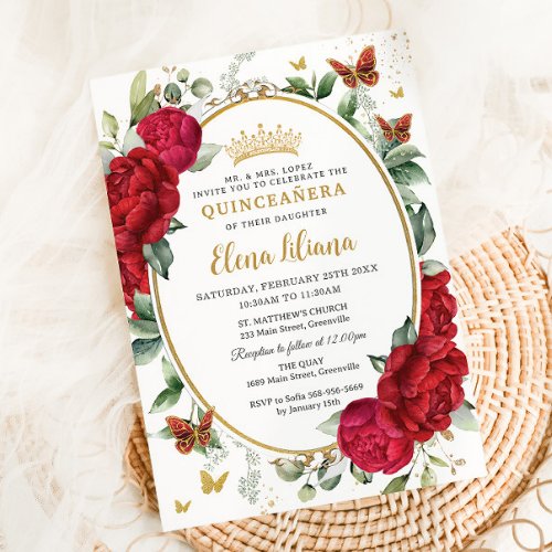 Boho Red Peonies Floral Butterflies Quinceaera  Invitation
