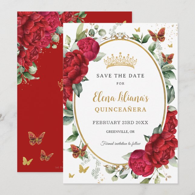 Boho Red Peonies Floral Butterflies Quinceañera  Save The Date (Front/Back)