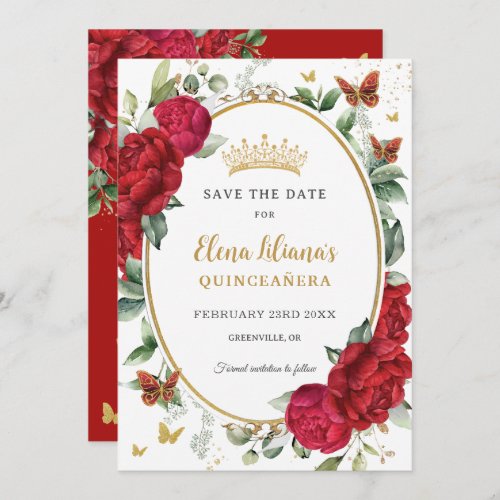 Boho Red Peonies Floral Butterflies Quinceaera  Save The Date