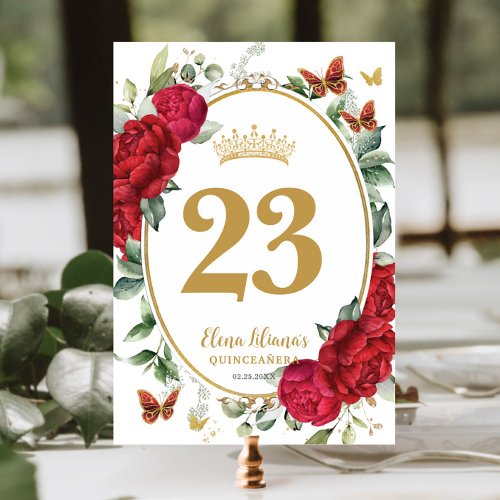 Boho Red Peonies Floral Butterflies Quinceanera  Table Number