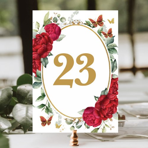 Boho Red Peonies Floral Gold Butterflies Birthday  Table Number