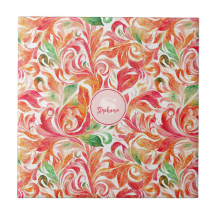 Boho Red Pink Orange Green Paisley Floral Ceramic Tile