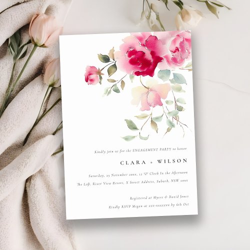 Boho Red Pink Rose Flowers Watercolor Engagement Invitation