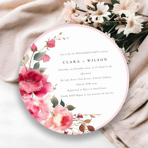 Boho Red Pink Rose Flowers Watercolor Engagement Invitation