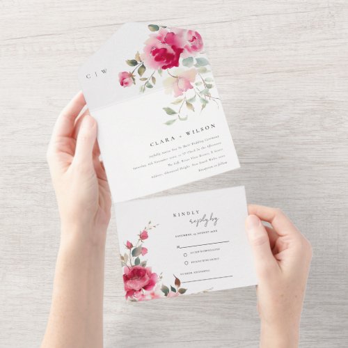 Boho Red Pink Rose Flowers Watercolor Wedding All In One Invitation