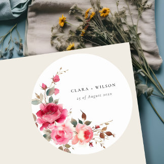 Boho Red Pink Rose Flowers Watercolor Wedding Classic Round Sticker