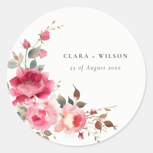 Boho Red Pink Rose Flowers Watercolor Wedding Classic Round Sticker