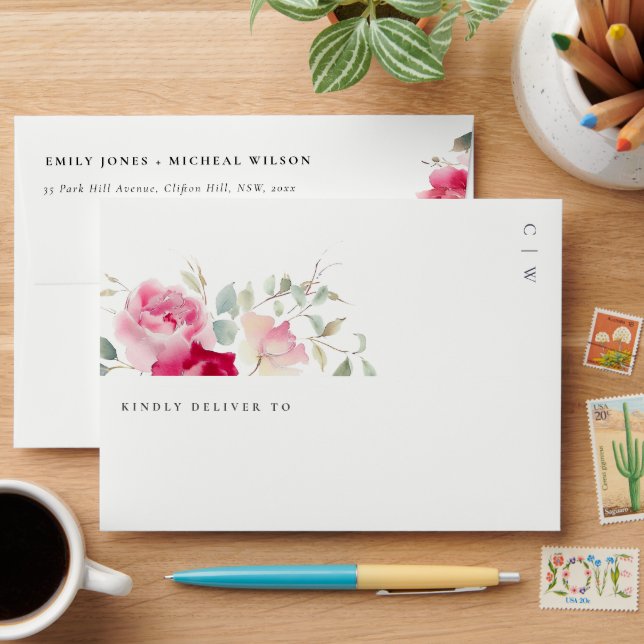 Boho Red Pink Rose Flowers Watercolor Wedding Envelope (Desk)