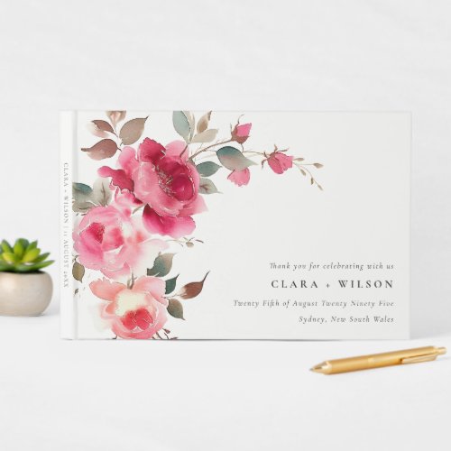 Boho Red Pink Rose Flowers Watercolor Wedding Guest Book