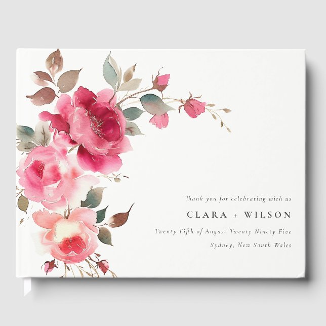 Boho Red Pink Rose Flowers Watercolor Wedding Guest Book (Front)