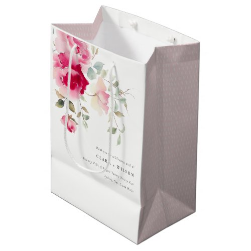 Boho Red Pink Rose Flowers Watercolor Wedding Medium Gift Bag