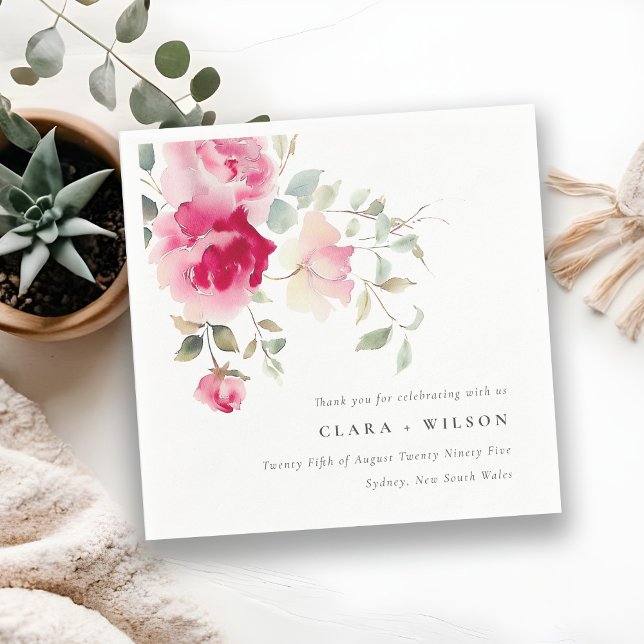 Boho Red Pink Rose Flowers Watercolor Wedding Napkins (Creator Uploaded)