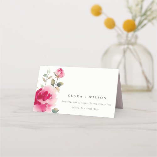 Boho Red Pink Rose Flowers Watercolor Wedding Place Card