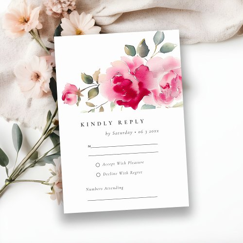 Boho Red Pink Rose Flowers Watercolor Wedding RSVP Card