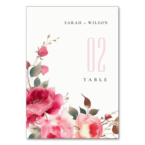 Boho Red Pink Rose Flowers Watercolor Wedding Table Number