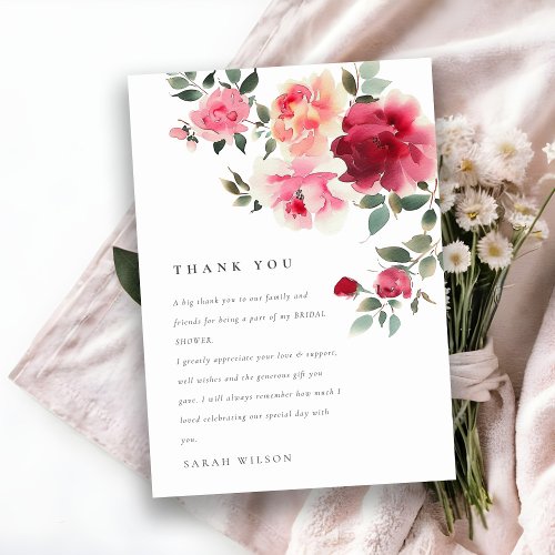 Boho Red Pink Rose Flowers Watercolor Wedding Thank You Card