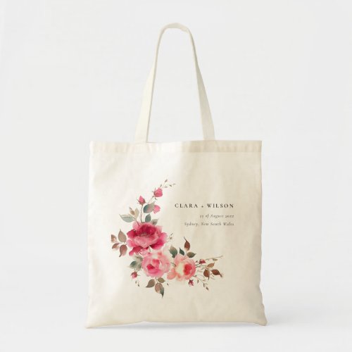 Boho Red Pink Rose Flowers Watercolor Wedding Tote Bag