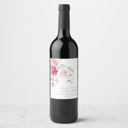 Boho Red Pink Rose Flowers Watercolor Wedding Wine Label