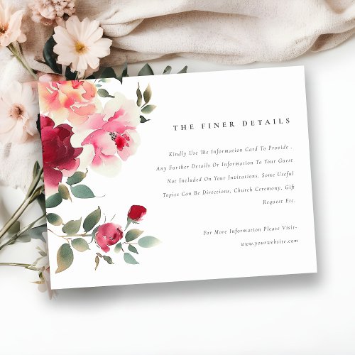 Boho Red Pink Rose Flowers Wedding Details Enclosure Card