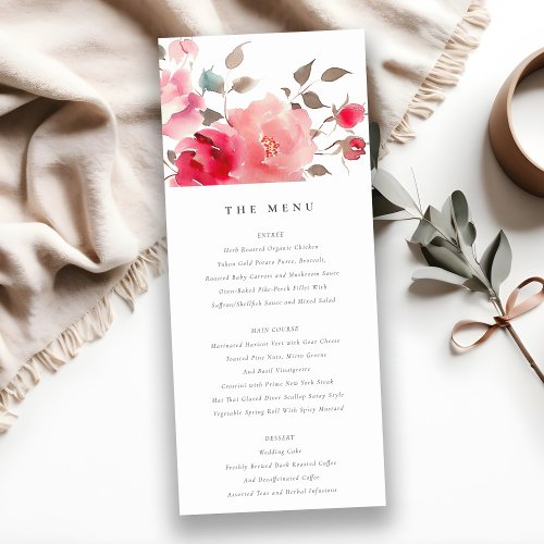 Boho Red Pink Rose Flowers Wedding Menu Card