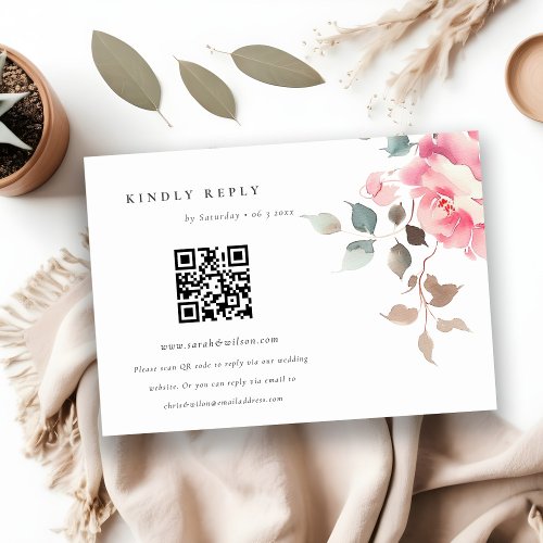 Boho Red Pink Rose Flowers Wedding QR Code RSVP Enclosure Card