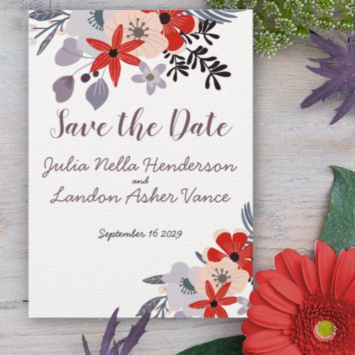Boho Red Pink Teal Flora Fauna Save the Date Invitation