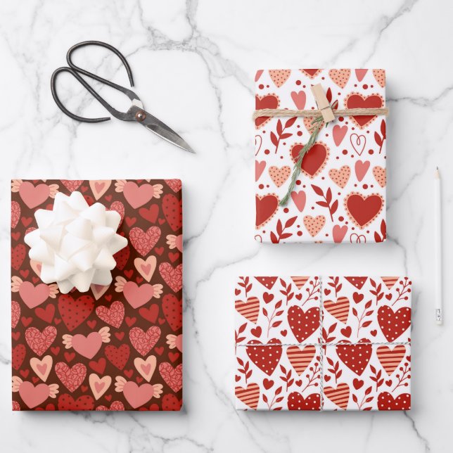 Boho Red Pink Valentine Hearts Pattern Set 2 Wrapping Paper Sheets (Front)