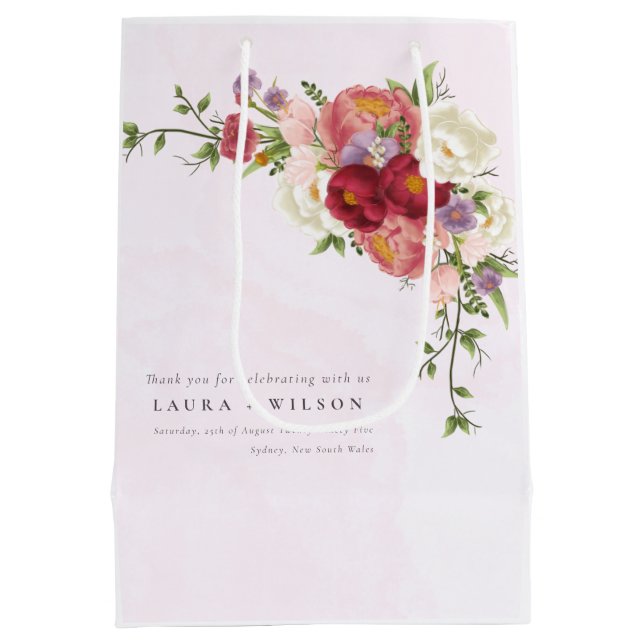 Boho Red Pink white Rose Flowers Wedding Medium Gift Bag (Back)