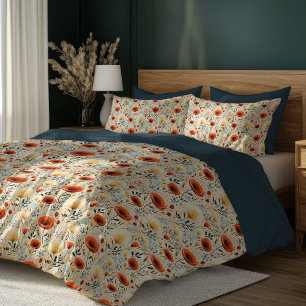 Boho red poppies and ivory wild flowers duvet cover