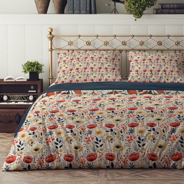 Boho red poppies and ivory wild flowers duvet cover (Boho red poppies and ivory wild flowers duvet cover)