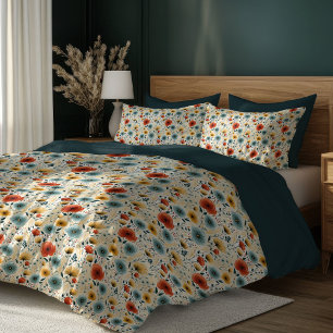 Boho red poppies dusty blue ivory flowers duvet cover