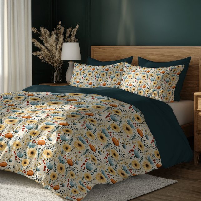 Boho red poppies ivory blue wild flowers duvet cover (Boho red poppies ivory blue wild flowers duvet cover)