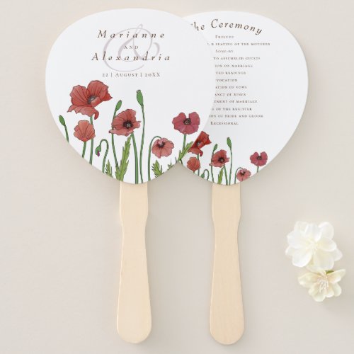 Boho red poppy flower wedding program hand fan