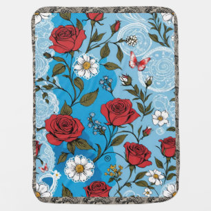 Boho Red Roses Daisies Lace Butterflies Blue Baby Blanket