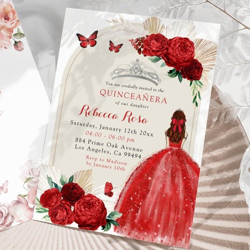 Boho Red Roses Princess Royal Quinceaera Invitation