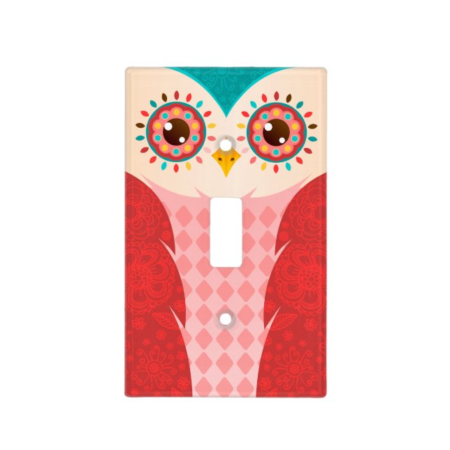 Boho Red & Teal Owl Light Switch Cover (Front)