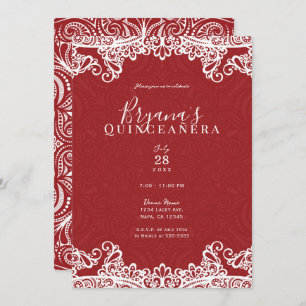 Boho Red White Lace Bold 15th 15 Quinceañera Party Invitation