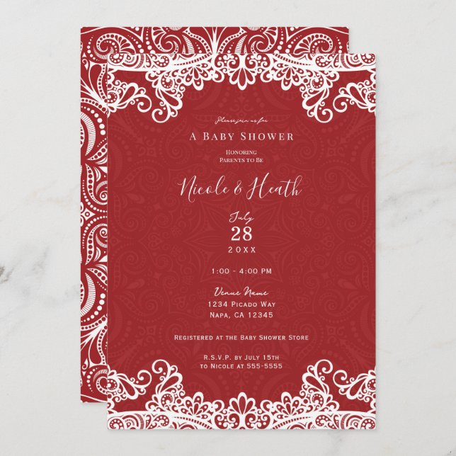 Boho Red & White Lace Bold Pattern Baby Shower  Invitation (Front/Back)