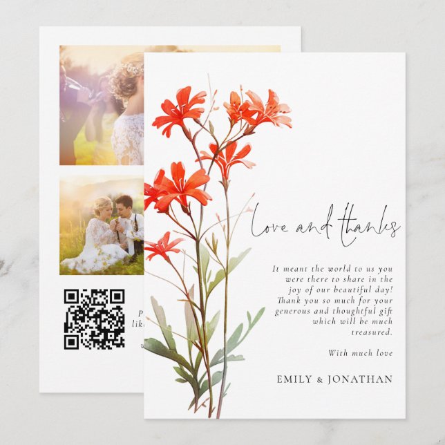 Boho Red Wildflowers 3 photo QR Wedding Thanks Card (Front/Back)