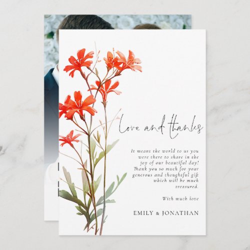 Boho Red Wildflowers Photo QR Wedding Thanks Card