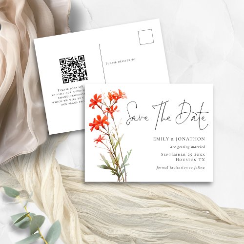 Boho Red Wildflowers QR Code Script Save The Date Postcard