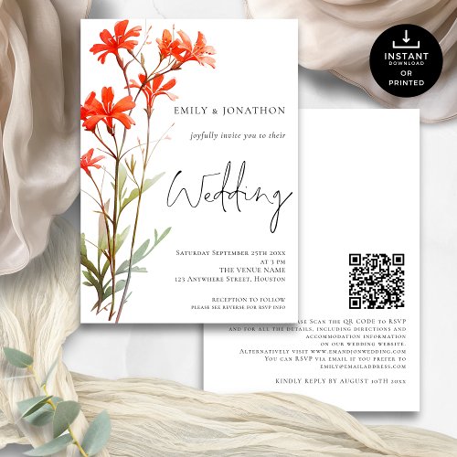 Boho Red Wildflowers QR Code Script Wedding Invitation