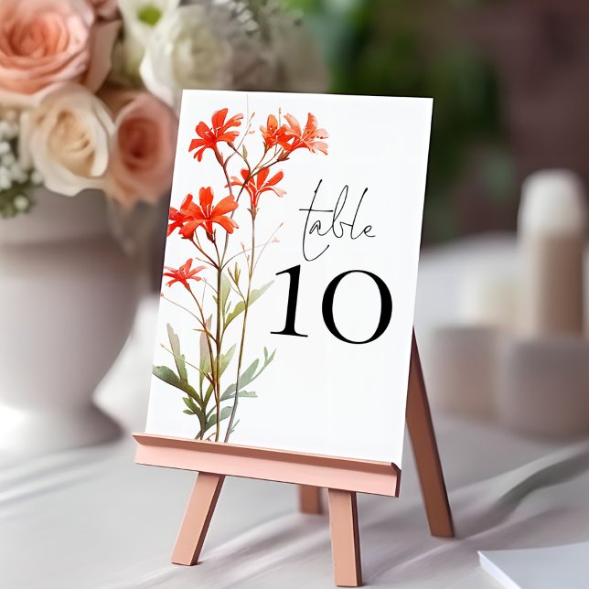 Boho Red Wildflowers Script Wedding Table Number (Creator Uploaded)