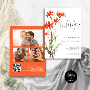 Boho Red Wildflowers We Do 3 photo QR Wedding Invitation