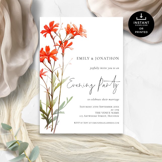 Boho Red Wildflowers Wedding Evening Party Invitation (Creator Uploaded)